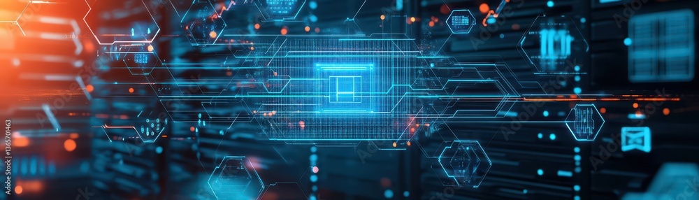 Poster futuristic background with vibrant blue and orange elements creating a dynamic and eye-catching visu