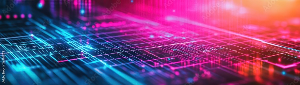 Poster vibrant computer circuit board illuminated by colorful led lights creating a futuristic and dynamic 