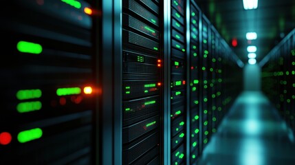 A close-up view of illuminated server racks in a data center showcasing technology in action