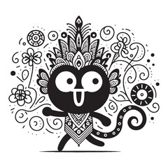 A delightful black-and-white artwork featuring a cartoon character with elaborate decorations and vibrant details, conveying playfulness, creativity, and charm with a touch of artistic whimsy.