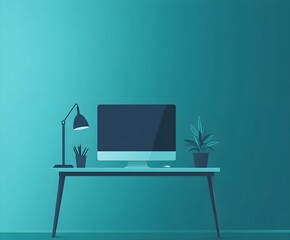 Minimalist teal gradient background with a computer, desk, and plants.