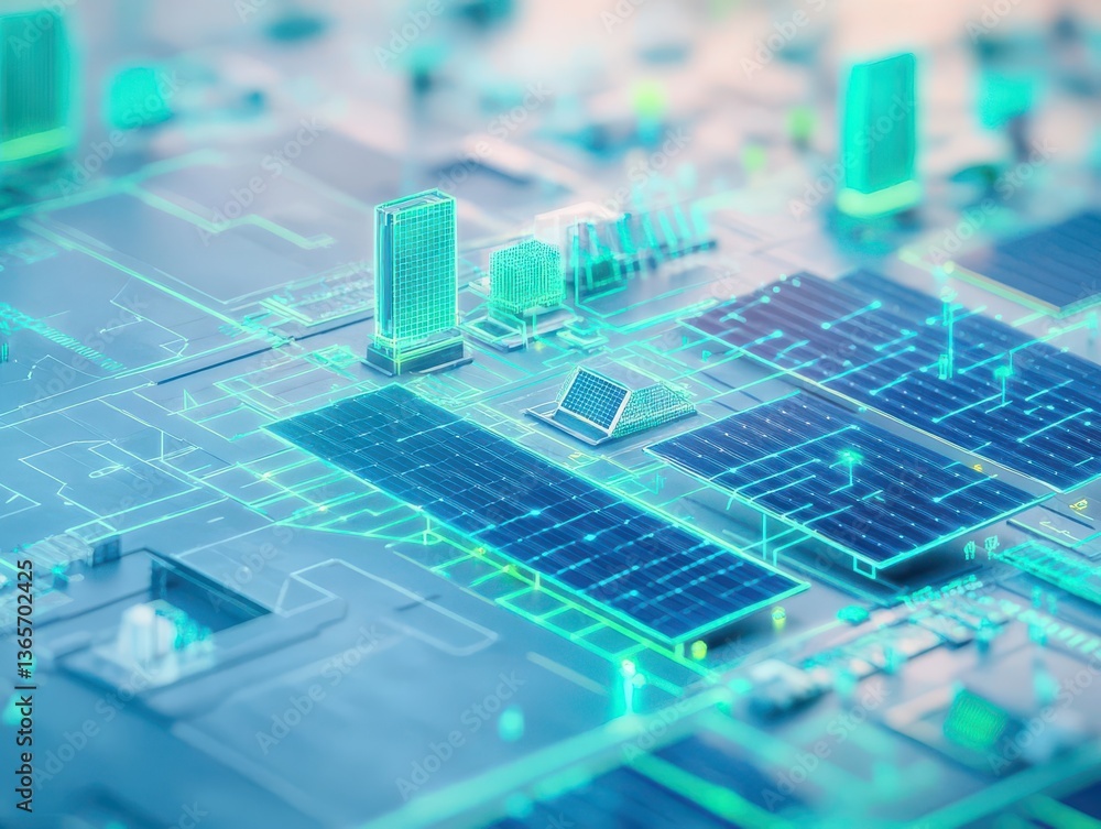 Poster intricate computer circuit design with vibrant blue and green color palette showcasing technology an