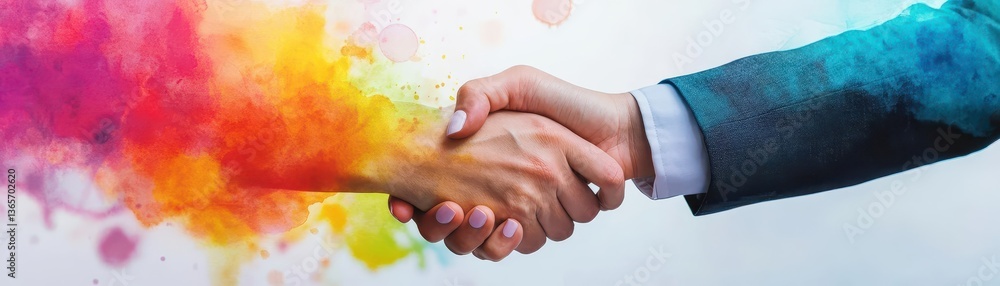 Poster two diverse individuals engaged in a friendly handshake surrounded by an explosion of colorful paint