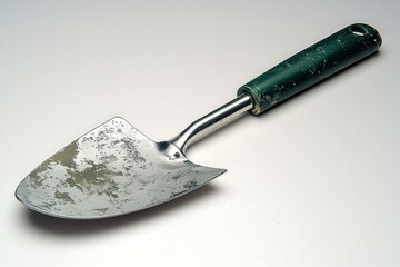 Rustic gardening trowel with green handle on white background showcasing use and wear