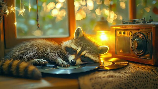 Cute raccoon sleeping on vinyl record beside vintage radio at golden hour. Seamless looping 4K video background
