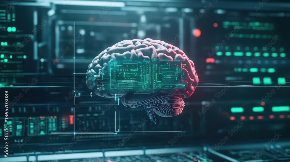 Poster intricate brain design featuring central circuit pattern symbolizing the fusion of technology and hu