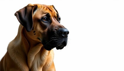 Fototapeta premium Noble mastiff head shot, intense gaze, pure white backdrop, dog breed, head, muzzle