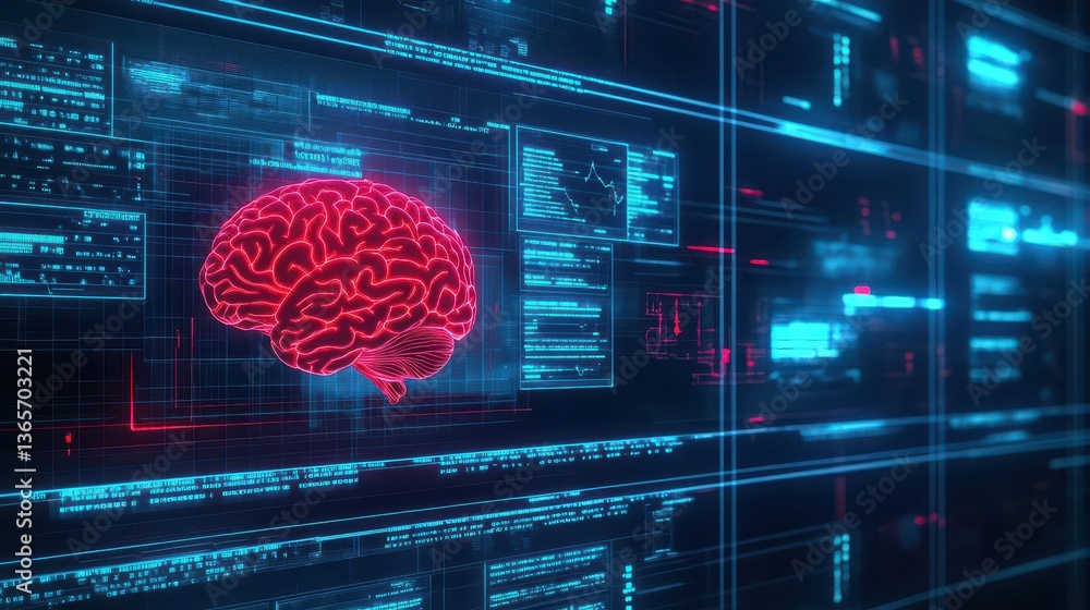 Poster intricate visualization of a brain on a computer screen representing advanced technology and neural 