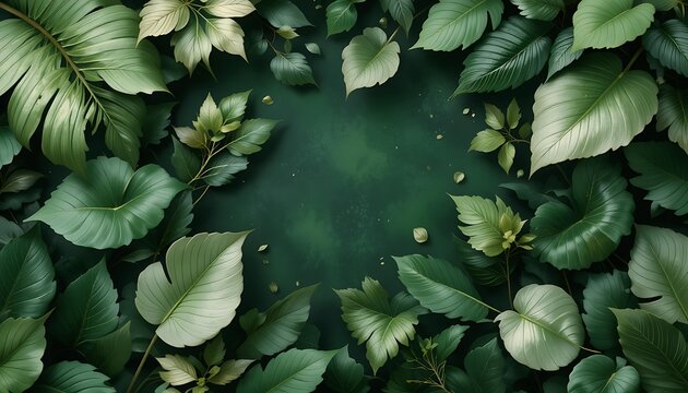 A lush green tropical leaf frame with vibrant, detailed foliage surrounding a dark green central space, perfect for text placement or design elements