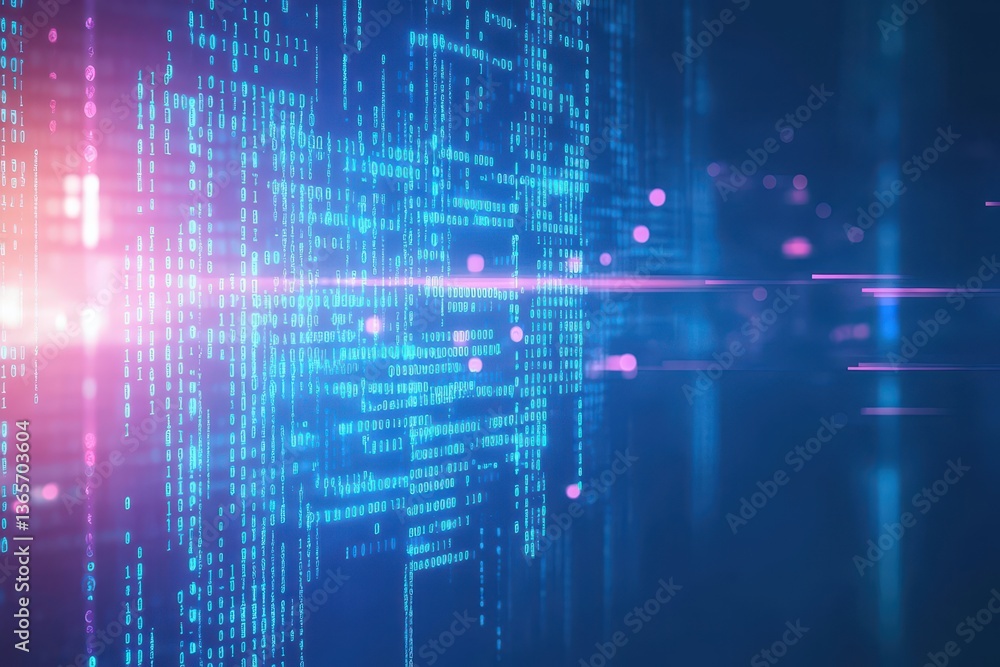 Poster abstract visual representation of digital information flow with blue and pink background featuring r