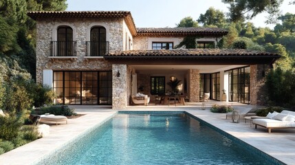Fototapeta premium A luxurious property with a beautiful swimming pool, exuding opulence and tranquility. The property features a spacious patio area with inviting seating, leading to a stunning pool.