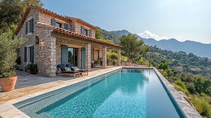 Luxurious Villa with Pool. The villa has a rustic stone facade, a red tiled roof, and a clear pool. Surrounded by lush vegetation and a breathtaking mountainous backdrop. 