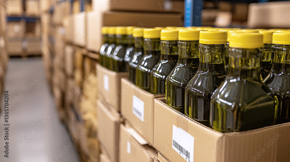 Poster neatly organized olive oil bottles in cardboard boxes ready for distribution. warehouse setting show