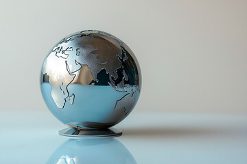 Metal globe showing continents, isolated against neutral backdrop, symbolising global connectivity and international relations.