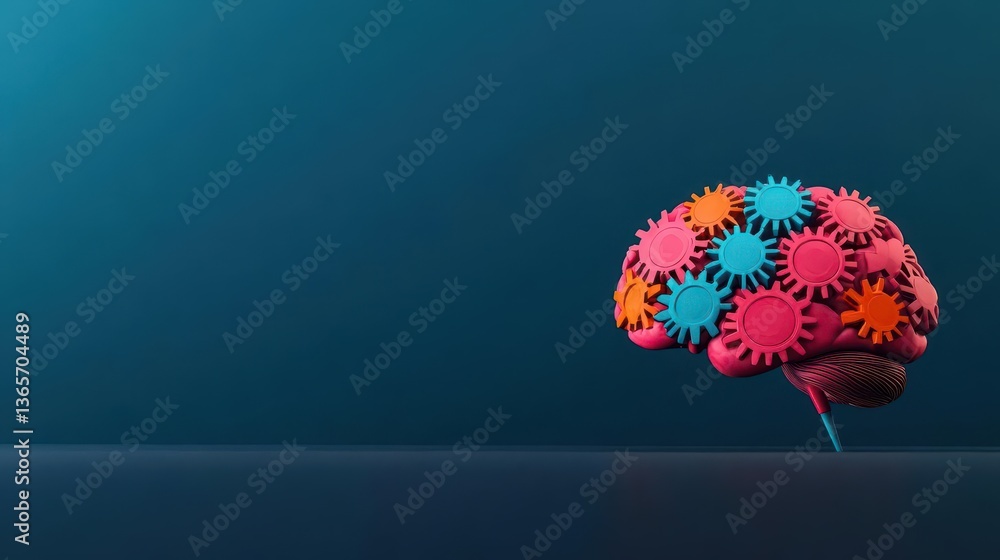 Poster Vibrant and Intricate Representation of a Brain Constructed from Interlocking Gears Showcasing Creativity and Complexity in a Colorful Artistic Design