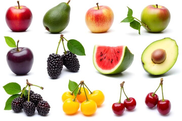 A vibrant collection of fresh fruits showcasing nature's bounty, including juicy apples, sweet berries, and exotic avocados against a clean white background.