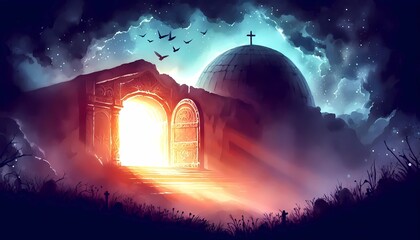 Resurrection of Jesus. The open tomb, Easter Morning, Jesus rises from the tomb with glowing light. watercolor painting.