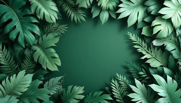 A lush green tropical leaf frame with vibrant, detailed foliage surrounding a dark green central space, perfect for text placement or design elements