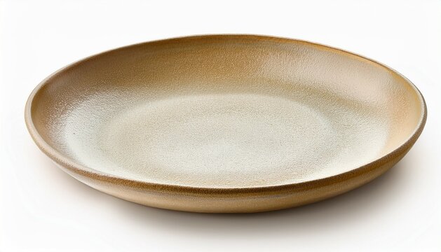 empty beige stoneware dinner plate isolated on white background