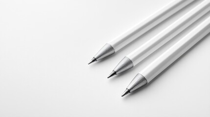 Naklejka premium Three Elegant White Pens with Silver Tips on a Minimalistic Plain Background for Creative Projects and Designs
