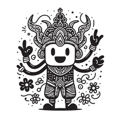 A black-and-white illustration of a fun cartoon figure with decorative tribal-inspired patterns and an expressive gesture, portraying artful creativity, cultural elements, and playfulness, surrounded 