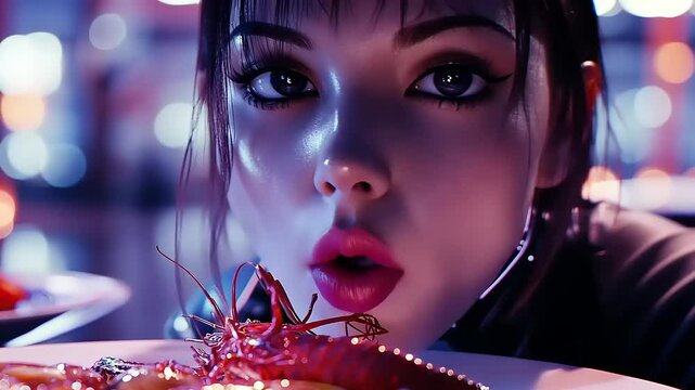 A close-up, hyperrealistic depiction of a woman looking at a cooked lobster.