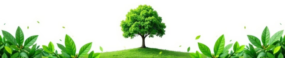 Fototapeta premium Leafy greens surround a single tree on white background, isolated, natural