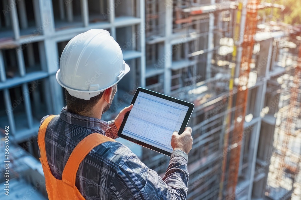 Poster civil engineer or architect with hardhat on construction site checking schedule on tablet computer