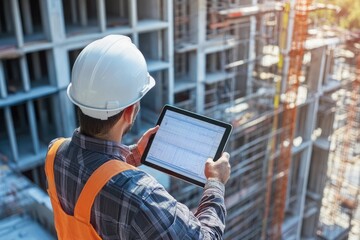 civil engineer or architect with hardhat on construction site checking schedule on tablet computer
