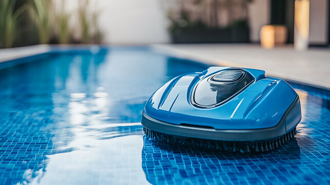 robotic pool cleaner gracefully moves along blue tiled surface, maintaining pristine aquatic environment with its effortless efficiency