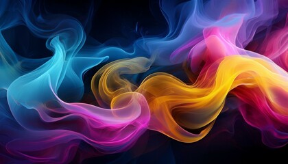 colorful smoke background with vibrant swirling patterns in shades of blue pink and yellow on black backdrop