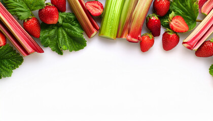 Strawberry and rhubarb season mockup, spring theme border, with free space for text. White plane background, red ripe berries with leaves on the upper border.