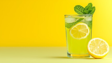 Fototapeta premium Refreshing Lemonade with Mint Garnish on a Bright Yellow Background