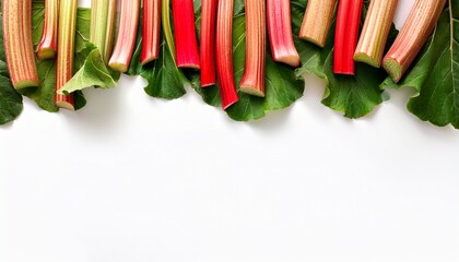 Rhubarb season mockup, spring theme border, with free space for text. White plane background, ripe rhubarb with leaves on the upper border.