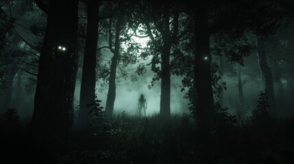 Eerie forest with shadowy figure and glowing eyes in mysterious nighttime woods