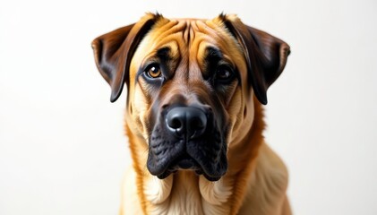 Fototapeta premium Noble mastiff head shot, intense gaze, pure white backdrop, canine photography, brown eyes