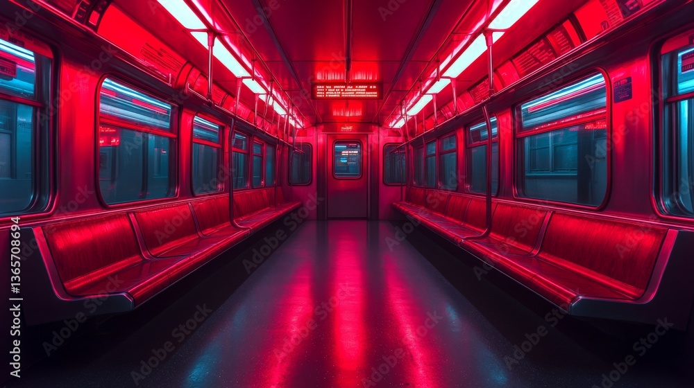 Poster commuters can observe a bold subway interior illuminated by bright red lights, enhancing the empty s