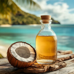 Obraz premium Refreshing Niuean Coconut Water Served in a Natural Coconut Shell on a beach background