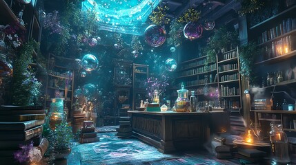 A magical library filled with mystical elements.