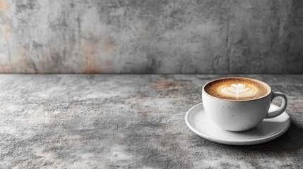 Elegant Coffee Cup on Rustic Stone Surface with Beautiful Latte Art in Minimalistic Cafe Background