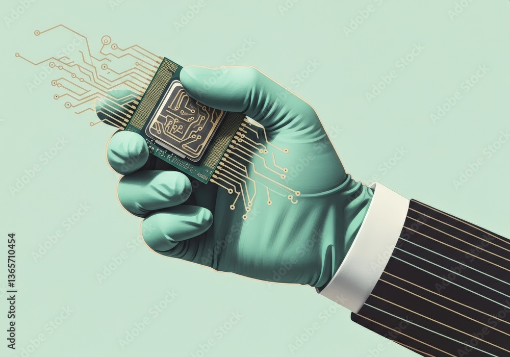 Poster hand holding a microchip with circuit patterns, symbolizing technology and innovation