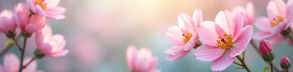 Obraz premium Soft focus background with beautiful pastel flowers in full bloom, full bloom, pastel