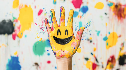 Obraz premium Close-up view of a hand dipped in paint and smiling emoji drawing on it. Creativity and art concepts.