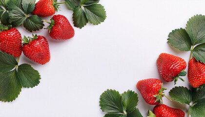 Strawberry season mockup, summer theme border, with free space for text. White plane background, red ripe berries on the upper side.