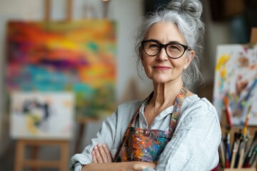 A senior woman with gray hair and glasses smiling confidently in her art studio.