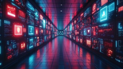 Fototapeta premium A futuristic hallway filled with digital screens displaying vibrant red and blue information. The hallway has a dark backdrop, creating a sense of mystery and excitement.