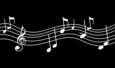 White Musical Notes Flowing on a Black Background in a Rhythm Pattern
