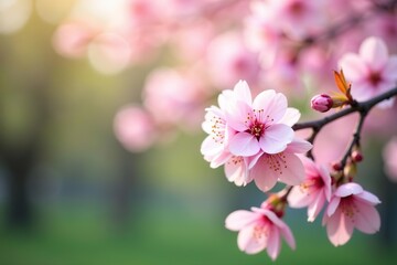 Soft focus of blooming cherry blossoms in a beautiful spring garden, creating a dreamy and romantic background,  blur,  bokeh