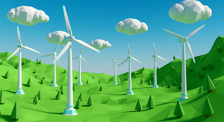 Wind turbines in a green landscape under a clear blue sky  