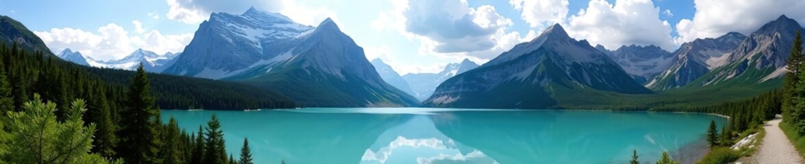 Stunning panoramic view of Montana Glacier National Park showcasing towering mountains, crystal-clear lakes, and lush forests,  panoramic,  scenic